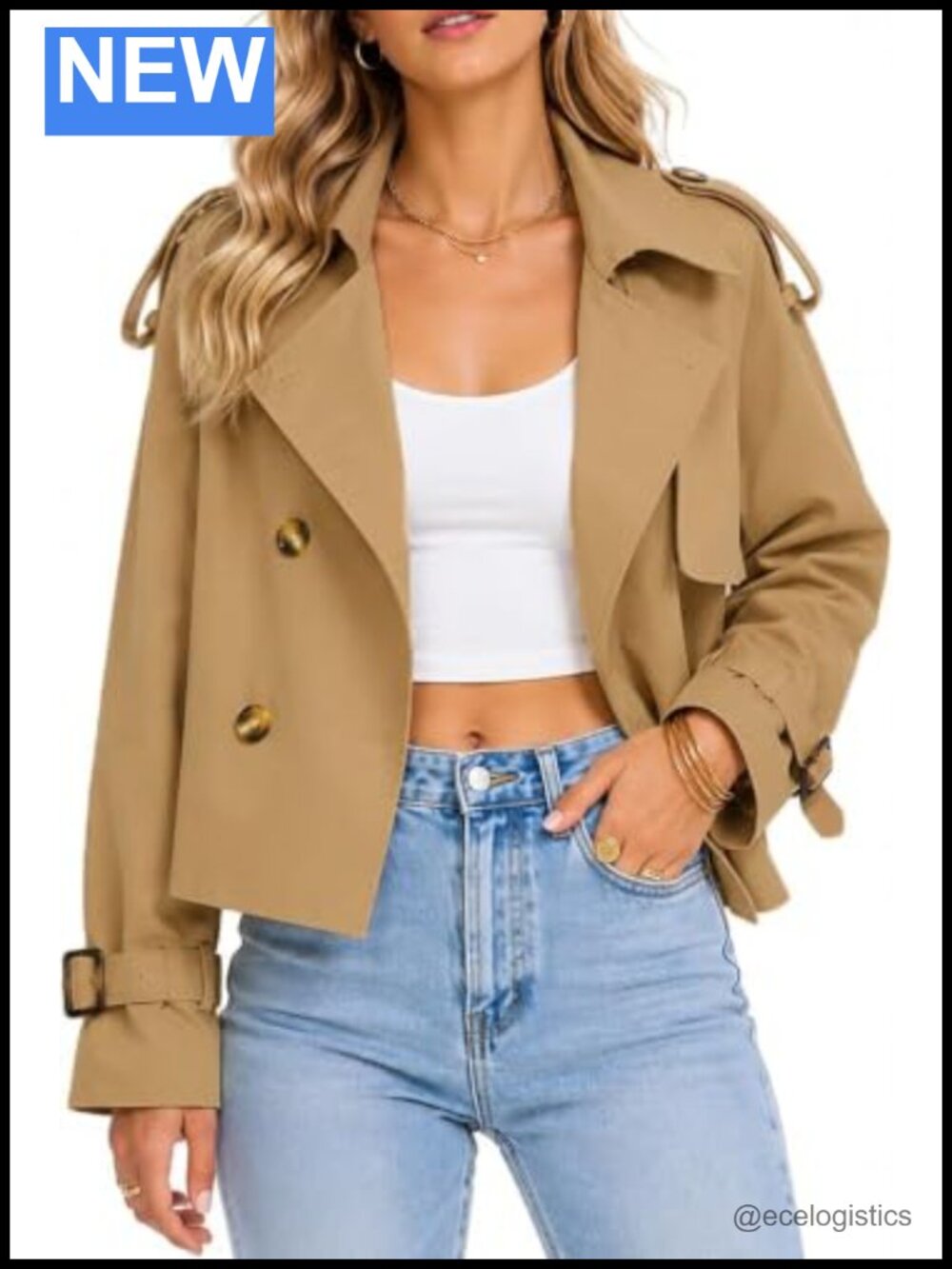 Cropped Trench Coat Double Breasted Short Jacket Lightweight 100% Polyester